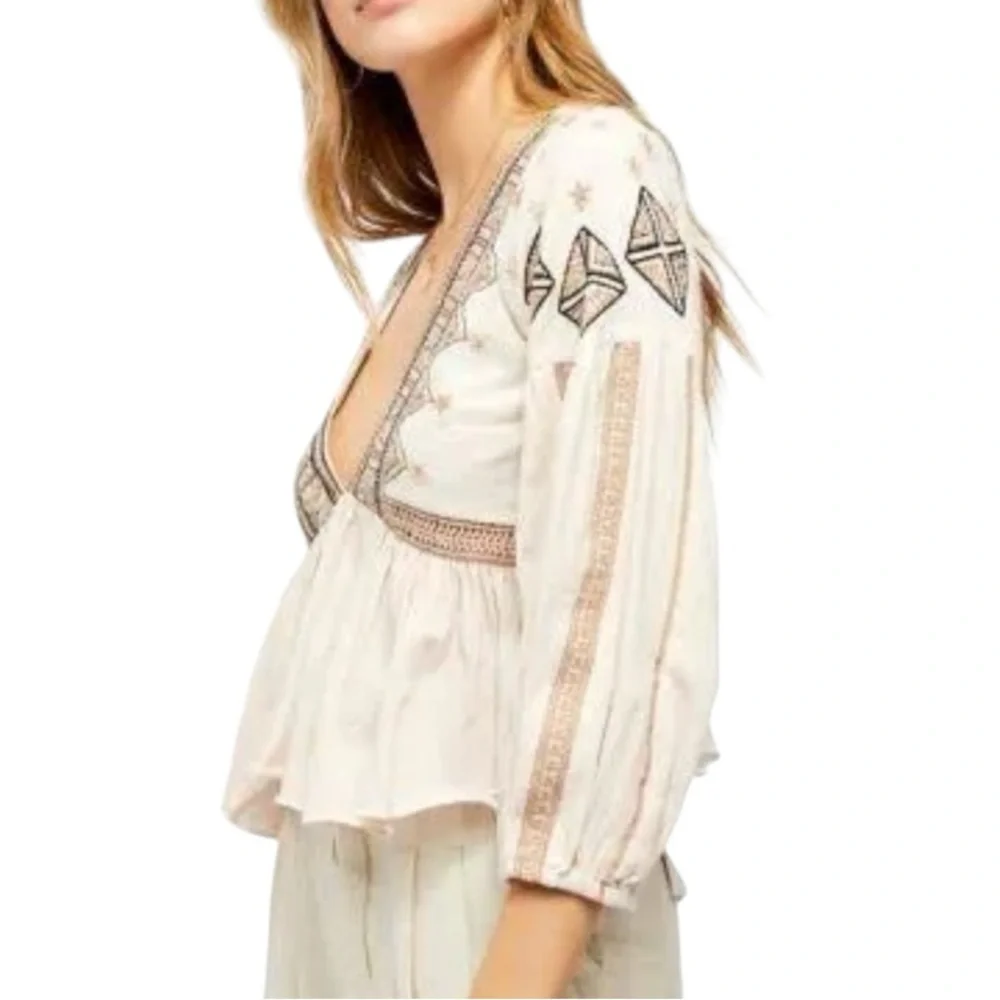 Free People Aria Embroidered Crochet Ruffle Peplum Crop Top in Lagoon Combo - M